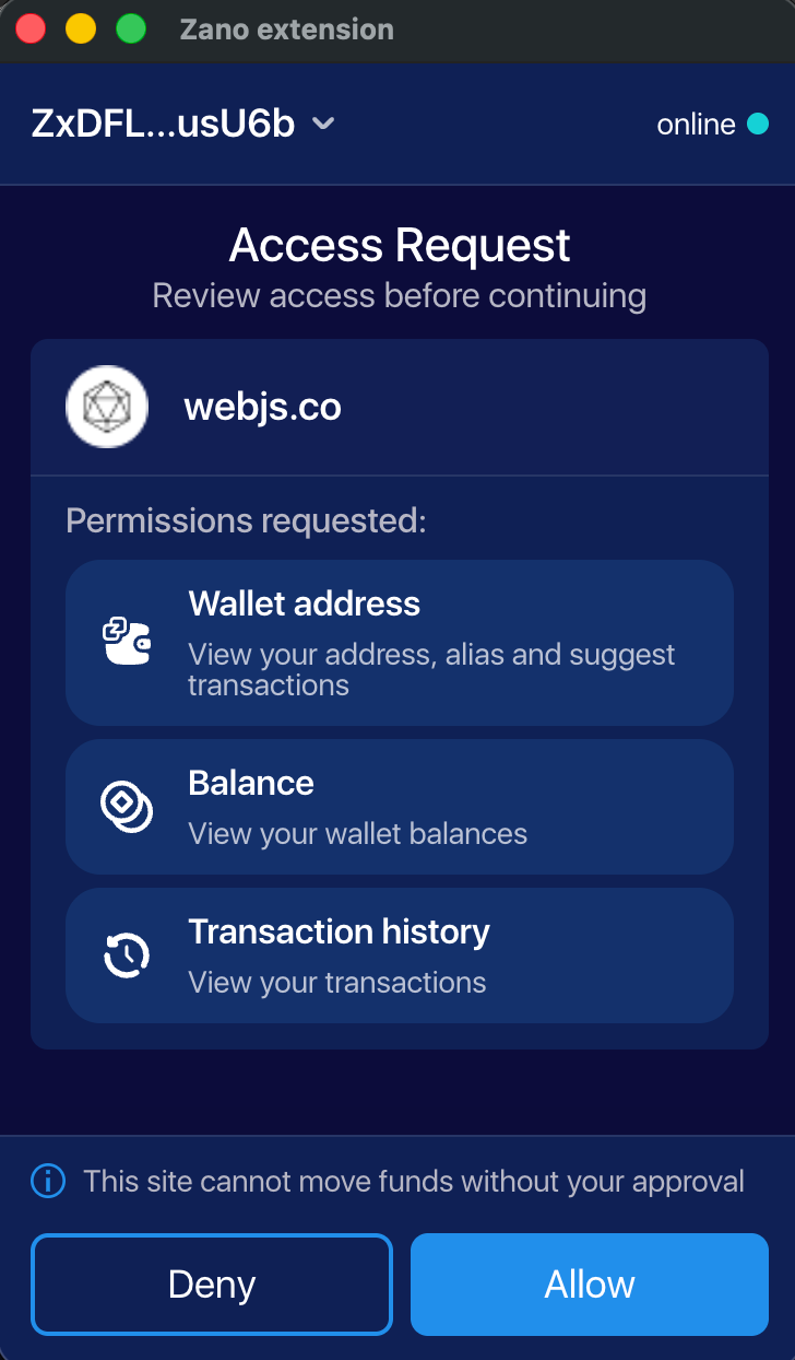 Zano Companion Access Request popup with permission rows for Wallet address, Balance, Transaction history and Deny/Allow buttons