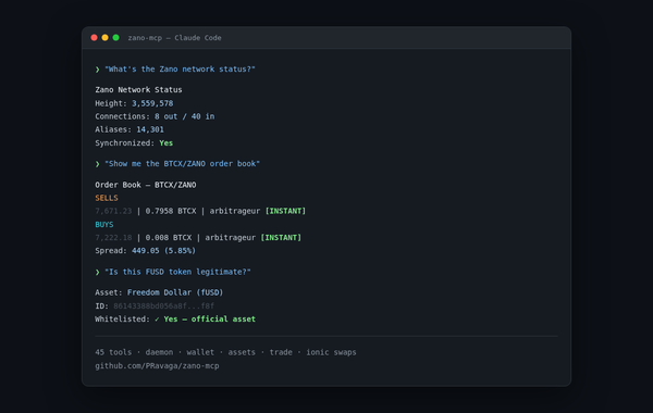 Zano MCP server connecting AI agents to the Zano blockchain